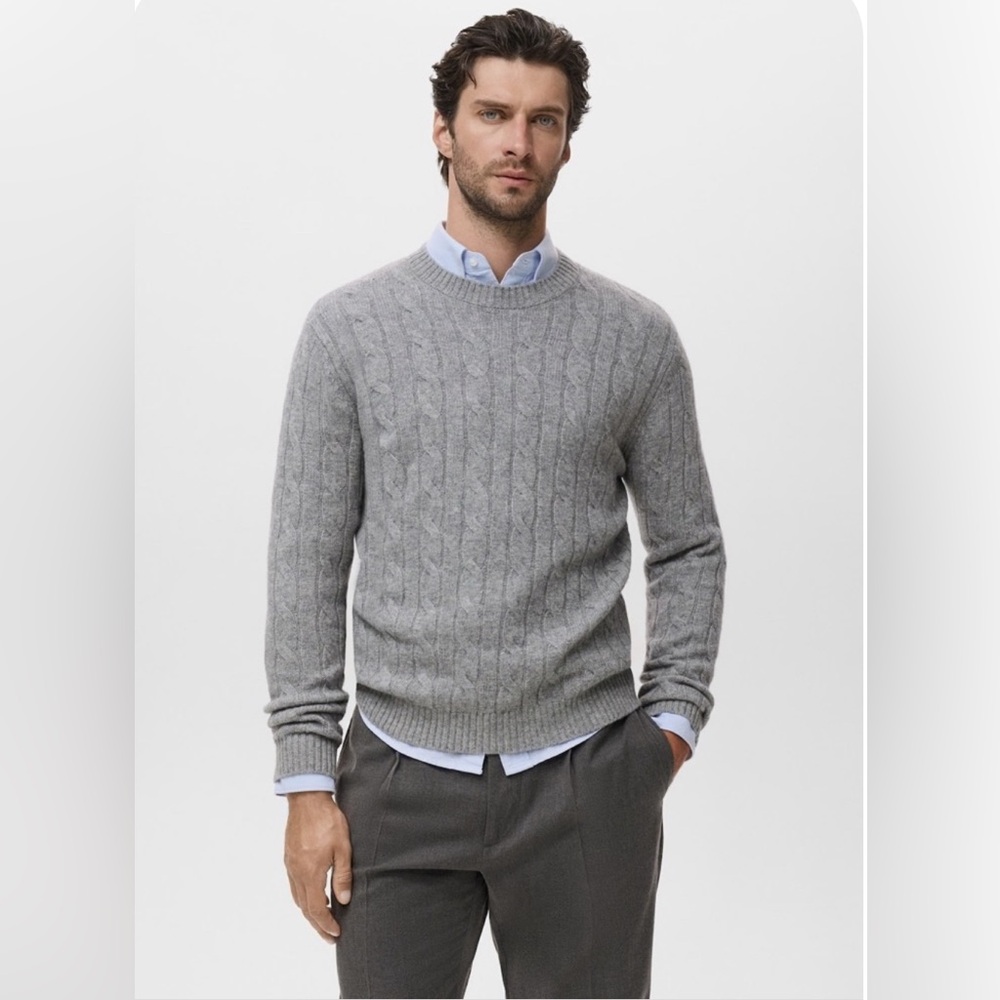 NWT, Mango Men's Gray Cable Knit braided wool Sweater, size Medium